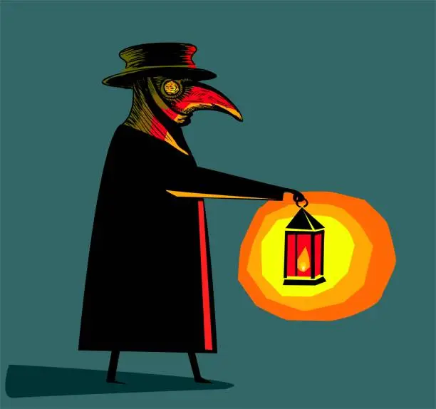 Vector illustration of Plague doctor with bird mask, hat and lantern