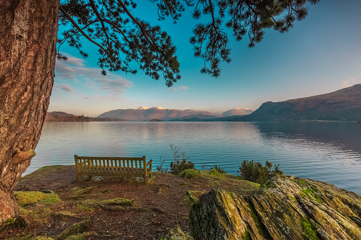 Aerial view of Derwent Water. South of Keswick, the third largest lake in the English Lake District.