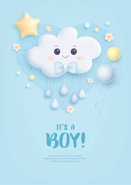 漫画の雲、ヘリウム風船や花とベビーシャワーの招待状 - its a boy点のイラスト素材／クリップアート素材／マンガ素材／アイコン素材