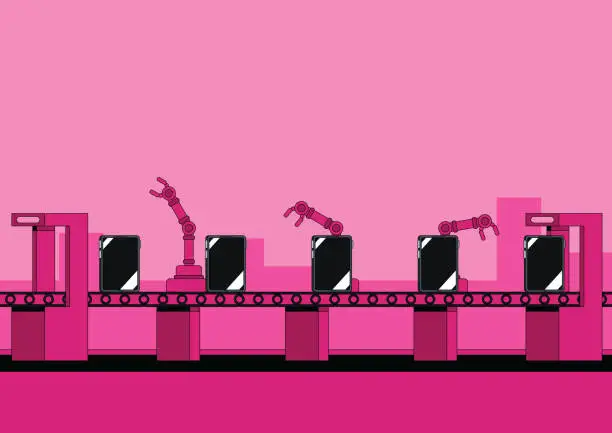 Vector illustration of Automated tablet PC assembly line with state of the art automated assembly robots. Monochrome illustration with vibrant pink.