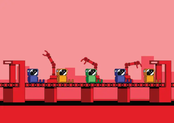 Vector illustration of Automated toy assembly line with state of the art automated assembly robots. Monochrome illustration with vibrant red.