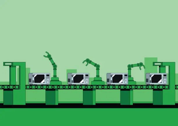 Vector illustration of Automated microwave and appliance assembly line with state of the art automated assembly robots. Monochrome illustration with vibrant green.