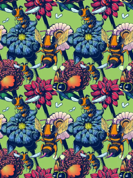 Vector illustration of Hand-drawn colorful seamless pattern - Bees and butterflies flying over flowers.