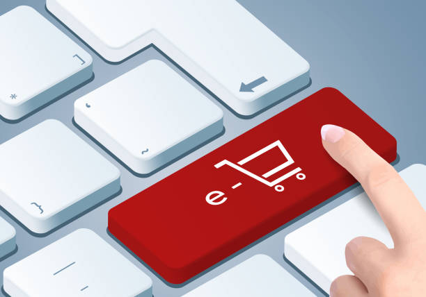 e-shop shopping keyboard. Finger on button. e-shop shopping keyboard. Finger on button. büro stock illustrations