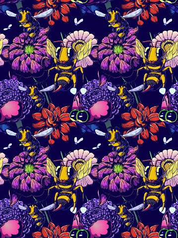 Hand-drawn colorful seamless pattern - Bees and butterflies flying over flowers.