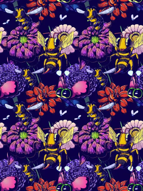 Vector illustration of Hand-drawn colorful seamless pattern - Bees and butterflies flying over flowers.