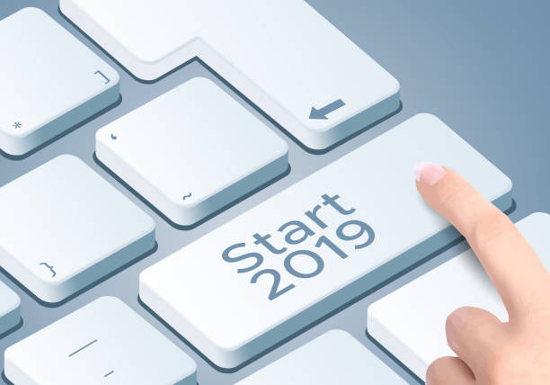 Start 2019 New Year Keyboard. Finger on button. Start 2019 New Year Keyboard. Finger on button. büro stock illustrations