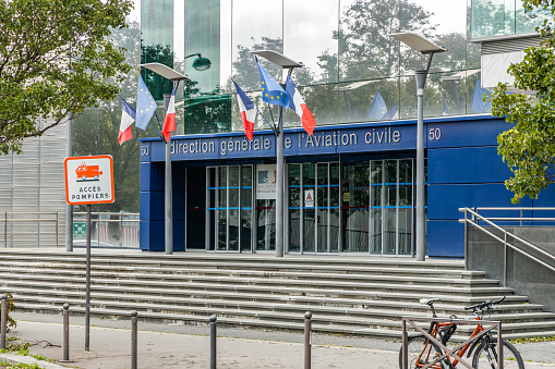 Entrance of the DGAC (Directorate General for Civil Aviation) headquarters building, directing the French civil aviation authority in Paris, France