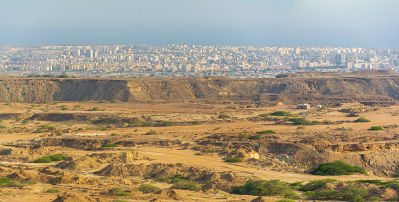 view from the city of chabahar in baluchistan province at evening, iran