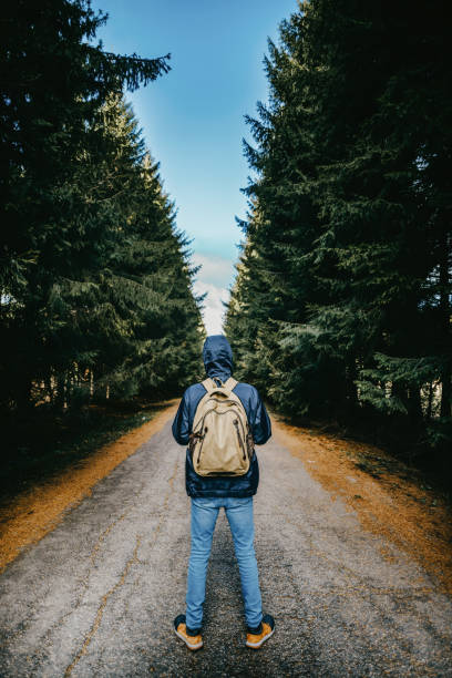 istock Hiker standing on a road In forest. 1354846705