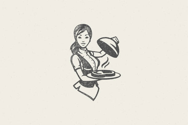 illustrazioni stock, clip art, cartoni animati e icone di tendenza di giovane cameriera che tiene cloche sul vassoio con piatto caldo aromatico fumante per il concetto di catering - women meat working tray