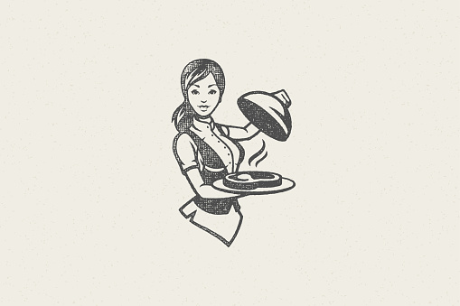 Young waitress holding cloche over tray with aromatic hot steamy dish for catering concept hand drawn silhouette vector illustration. Vintage grunge texture stamp for menu design or label decoration.