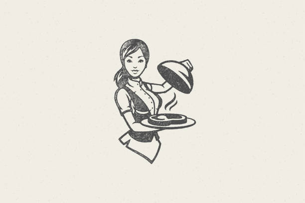 Young waitress holding cloche over tray with aromatic hot steamy dish for catering concept Young waitress holding cloche over tray with aromatic hot steamy dish for catering concept hand drawn silhouette vector illustration. Vintage grunge texture stamp for menu design or label decoration. kitchen silhouettes stock illustrations
