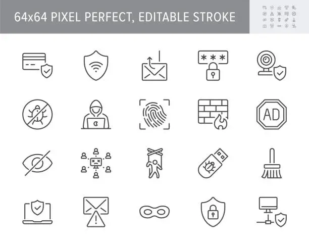 Vector illustration of Cybersecurity line icons. Vector illustration include icon - ddos, email, malware, hacker, fingerprint, shield, phishing outline pictogram for computer safety. 64x64 Pixel Perfect, Editable Stroke