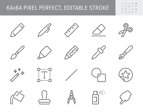 Drawing tool line icons. Vector illustration include icon - pencil, paintbrush, divider, magic wand, wax crayon, marker outline pictogram for stationery items. 64x64 Pixel Perfect, Editable Stroke.