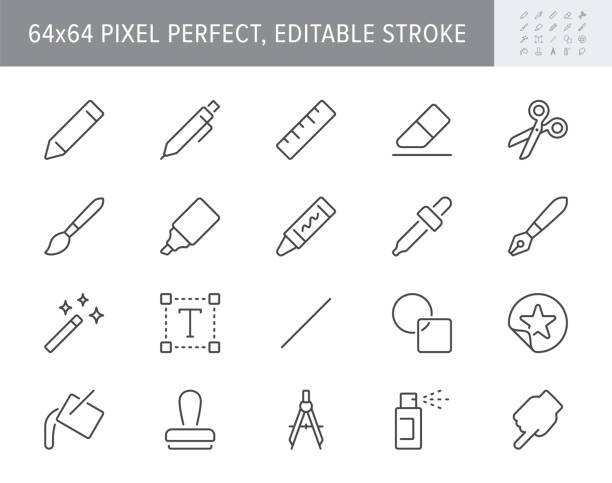 Drawing tool line icons. Vector illustration include icon - pencil, paintbrush, divider, magic wand, wax crayon, marker outline pictogram for stationery items. 64x64 Pixel Perfect, Editable Stroke Drawing tool line icons. Vector illustration include icon - pencil, paintbrush, divider, magic wand, wax crayon, marker outline pictogram for stationery items. 64x64 Pixel Perfect, Editable Stroke. scissors stock illustrations