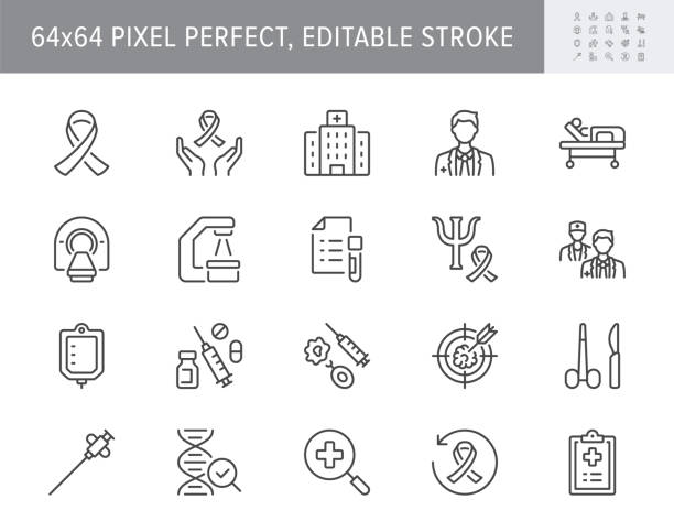 Cancer treatment line icons. Vector illustration include icon - chemotherapy, radiology, doctor, hormone, mri diagnostic outline pictogram for oncology clinic. 64x64 Pixel Perfect, Editable Stroke Cancer treatment line icons. Vector illustration include icon - chemotherapy, radiology, doctor, hormone, mri diagnostic outline pictogram for oncology clinic. 64x64 Pixel Perfect, Editable Stroke. radiotherapy stock illustrations