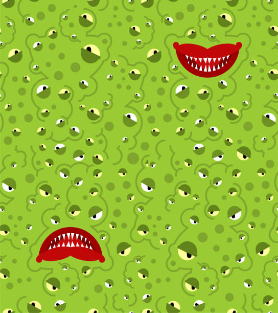 illustrazioni stock, clip art, cartoni animati e icone di tendenza di modello di faccia mostruosa senza soluzione di continuità. denti e mascelle di sfondo mostruoso verde - monstrosity