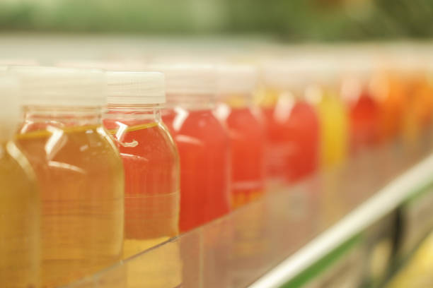 Banner of number colorful drinks in plastic bottles on the shelves of supermarket. Selective Focus. stock photo