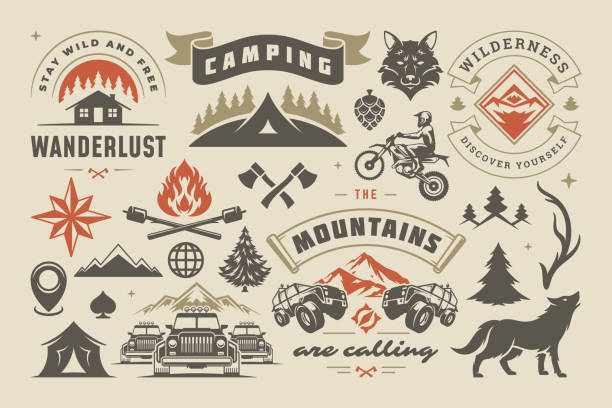 Camping and outdoor adventure design elements set, quotes and icons vector illustration Camping and outdoor adventure design elements set, quotes and icons vector illustration. Mountains, wild animals and other. Good for t-shirts, mugs, greeting cards, photo overlays and posters off road vehicle stock illustrations