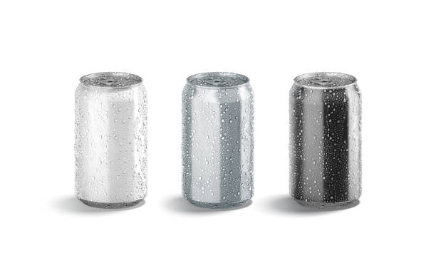istock Blank white, silver, black 330 ml soda can with drops mockup 1354851197