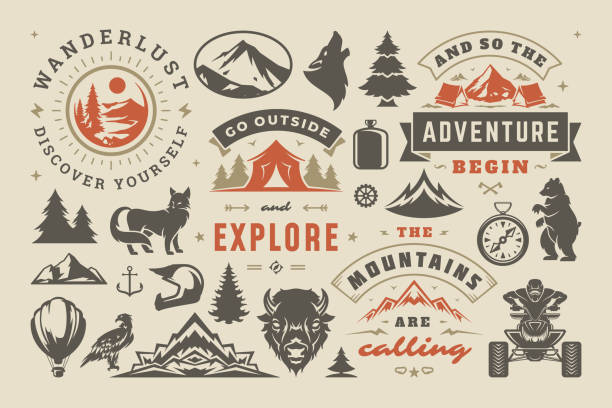 Camping and outdoor adventure design elements set, quotes and icons vector illustration. Mountains, wild animals and other. Good for t-shirts, mugs, greeting cards, photo overlays and posters