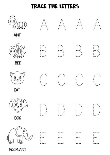 alphabet lernen. buchstaben auf der suche nach. schwarz und weiß. - dog school audio stock-grafiken, -clipart, -cartoons und -symbole