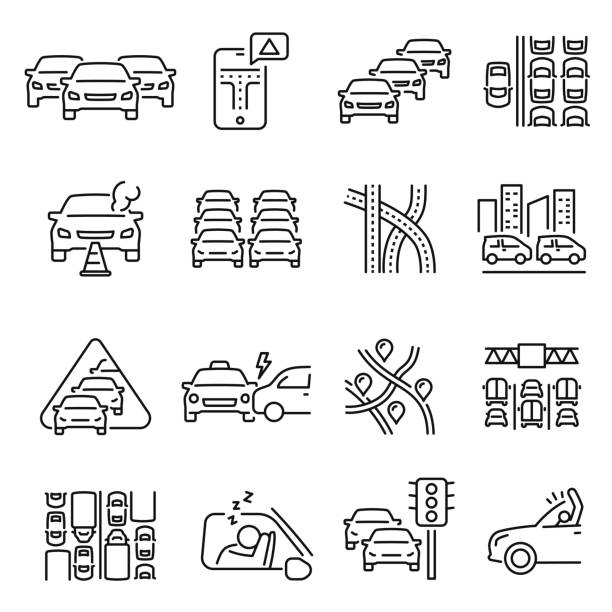 stockillustraties, clipart, cartoons en iconen met monochrome traffic jam line icon set vector illustration automobile crash, freeway daily driving - rijden een motorvoertuig besturen