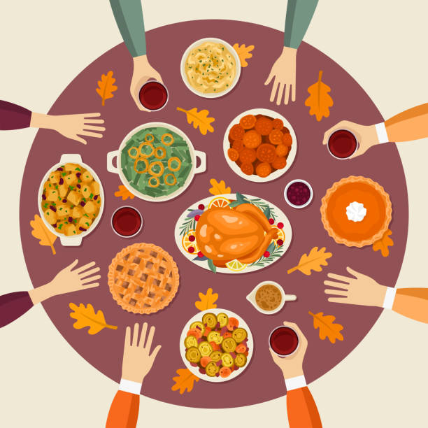 Thanksgiving dinner Traditional festive food, table top view vector illustration meal dinner food plate stock illustrations