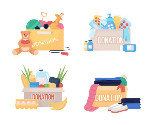 Vector illustration of Donation box semi flat color vector item set