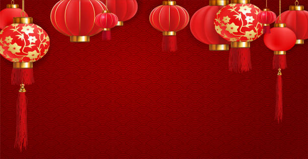 istock Chinese New Year.  Chinese lanterns on a red background. Highly realistic illustration. 1354854063