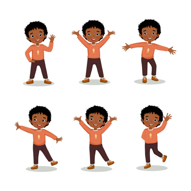 little African boy poses Set of vector illustration of little happy African boy with different hand gestures and legs poses and positions, such as raising hands, waving, hand on the hip and standing with one leg. standing on one leg not exercising stock illustrations