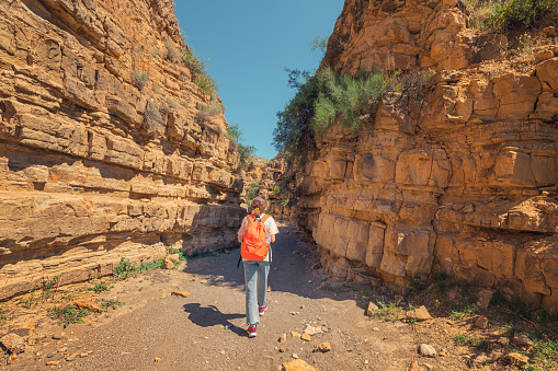 Young woman with backpack walks along a route in a deserted canyon with red rocks. Hiking trail and the dangers of solo trekking