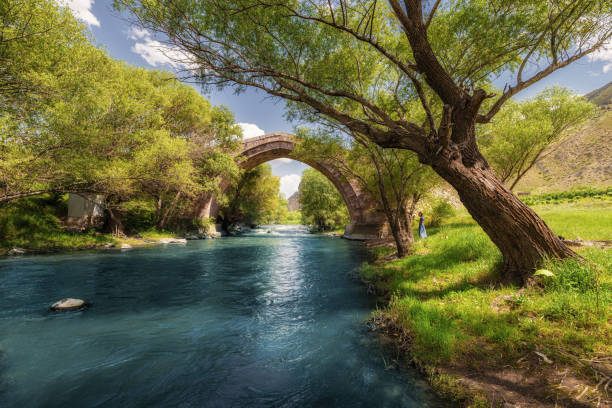 istock An ancient stone bridge over the blue river in the forest. Fairy tale background 1354854676