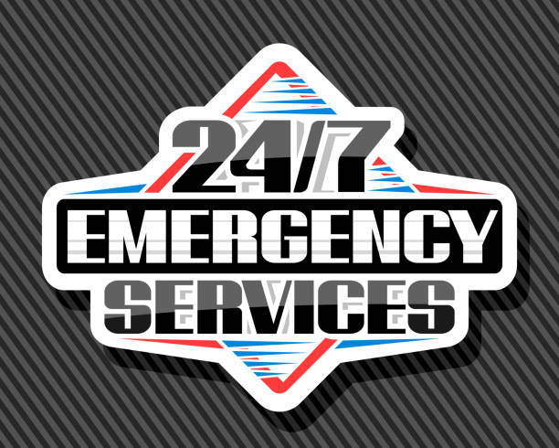 Vector sign 24/7 Emergency Services Vector sign 24/7 Emergency Services, white isolated label with illustration of colorful stripes, unique decorative lettering for black words 24/7 emergency services, shadow on grey striped background. 999 call center stock illustrations