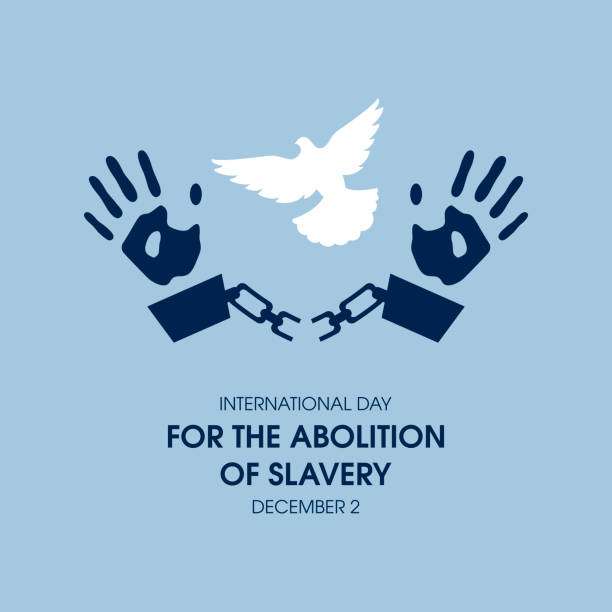 International Day for the Abolition of Slavery vector Human handprint in handcuffs vector. Hand in chains with dove bird icon. Important day background of slaves in chains stock illustrations