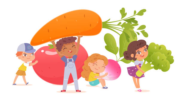 stockillustraties, clipart, cartoons en iconen met children love to eat vegetables healthy food, child holding tomato carrot broccoli radish - jongen peuter eten