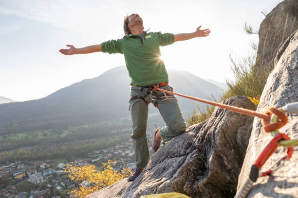 istock Male mountain climber arms outstretched on mountain top 1354858186
