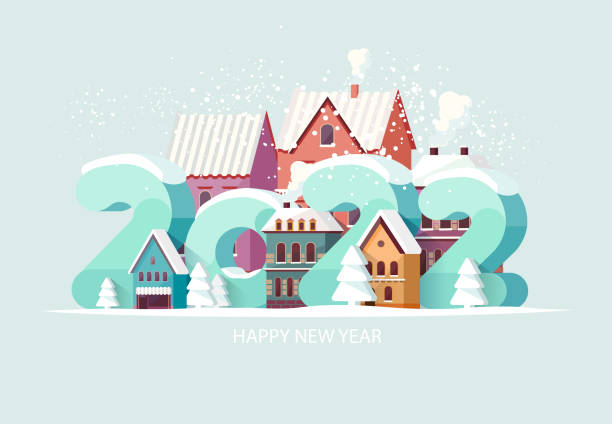 New year 2022. Greeting card design. New year 2022. Cityscape with big numbers. Greeting card design facade stock illustrations