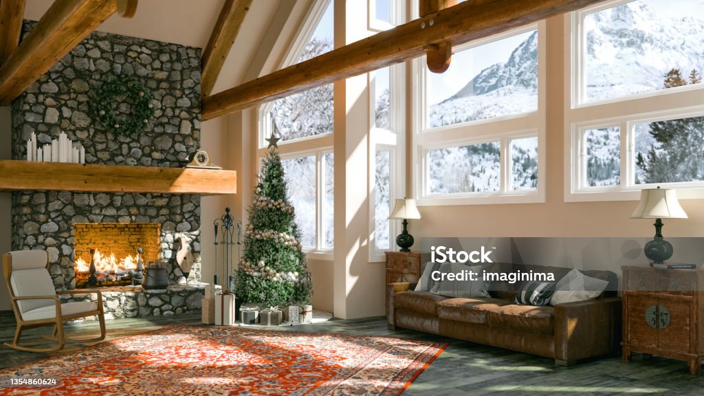 New Year Celebration At Chalet Cozy chalet living room with fireplace and Christmas decoration. Christmas Stock Photo
