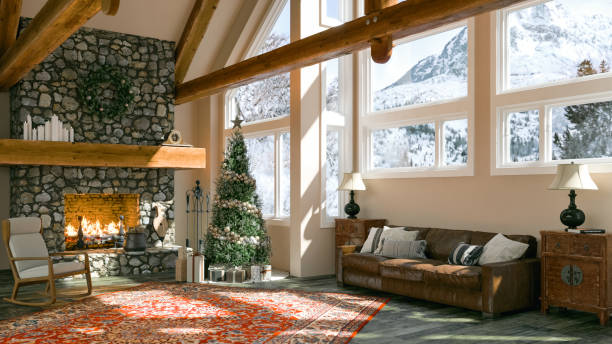New Year Celebration At Chalet Cozy chalet living room with fireplace and Christmas decoration. chalet stock pictures, royalty-free photos & images