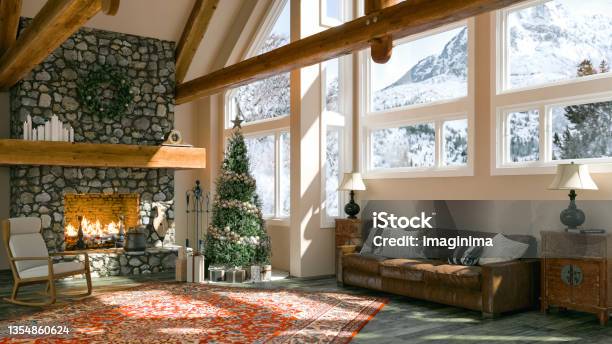 New Year Celebration At Chalet Stock Photo - Download Image Now - Christmas, Winter, Log Cabin