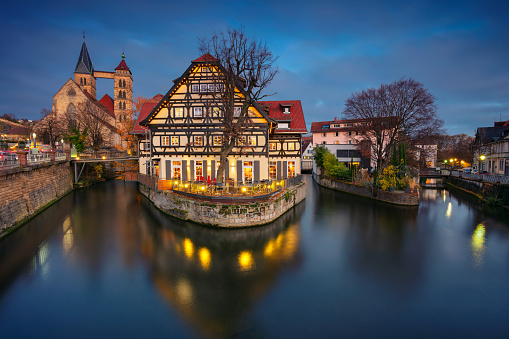 Cityscape image of picturesq old town of Esslingen am Neckar, Germany located in the Stuttgart region at twilight blue hour.