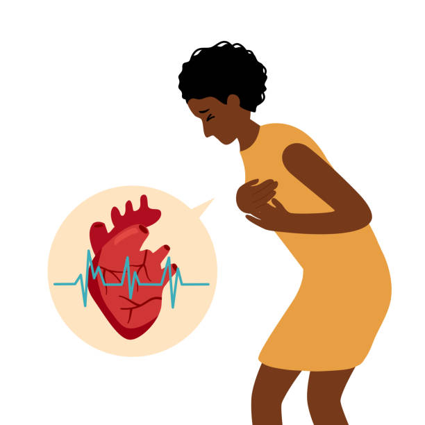 African woman with heart attack symptom in flat design on white background. Heart disease concept. vector art illustration