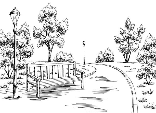 illustrations, cliparts, dessins animés et icônes de parc graphique noir blanc banc lampe paysage croquis illustration vecteur - bench park park bench silhouette