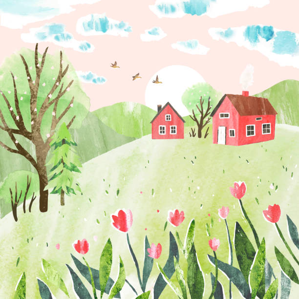 illustrations, cliparts, dessins animés et icônes de illustration vectorielle romantique printanière dessinée à la main avec des maisons, des collines et des fleurs de couleurs vertes et roses. design de nature mignon - tulip field flower cloud