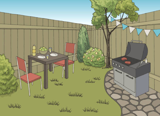 istock Backyard bbq garden party graphic color sketch illustration vector 1354862039