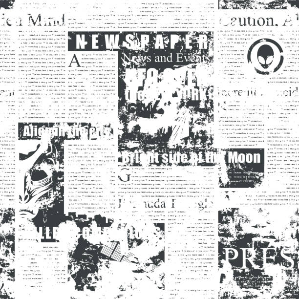 abstract seamless pattern on a newspaper theme Abstract seamless pattern with an old faded newspaper with illegible text, titles and illustrations. Monochrome black and white vector background in grunge style, wallpaper, wrapping paper or fabric illegible stock illustrations