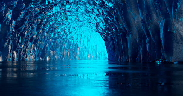 3d-rendering. eingang zur eishöhle. gefrorener tunnel mit eisigen wänden aus blauem eis. - stalagmite stock-fotos und bilder