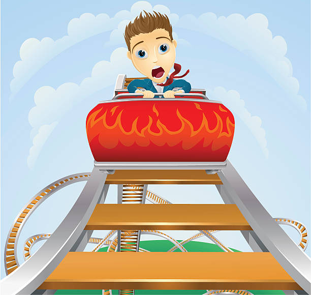 Business roller coaster ride concept Illustration of a business man looking very scared on a roller coaster motorized vehicle riding stock illustrations